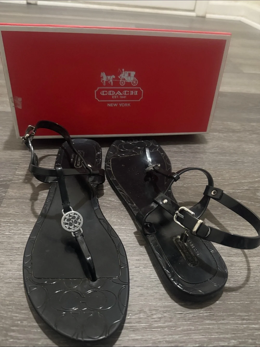 Coach Black Jelly T-Strap Logo Sandals
